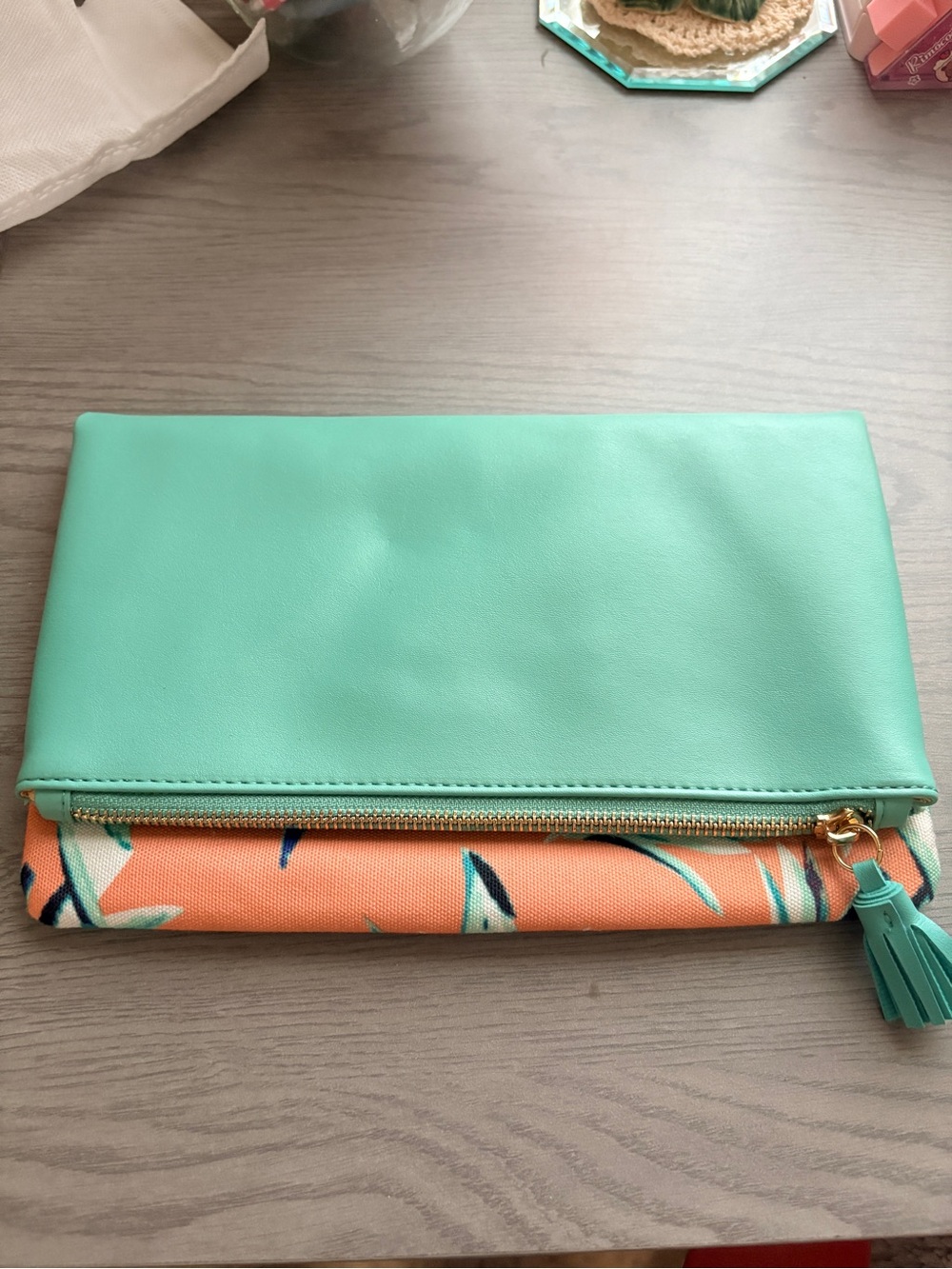 Rachel Pally Mint Green Fold-Over Clutch with Peach Printed Trim